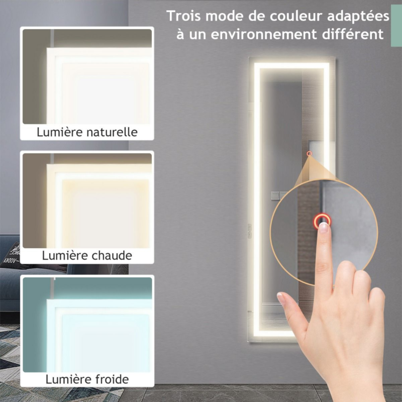 Miroir Mural LED Miroir Pleine Longueur Lumineux À 3 Couleurs Cadre En MDF 120 X 37Cm Blanc - Image 6