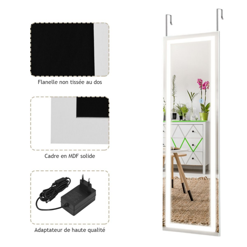 Miroir Mural LED Miroir Pleine Longueur Lumineux À 3 Couleurs Cadre En MDF 120 X 37Cm Blanc - Image 5