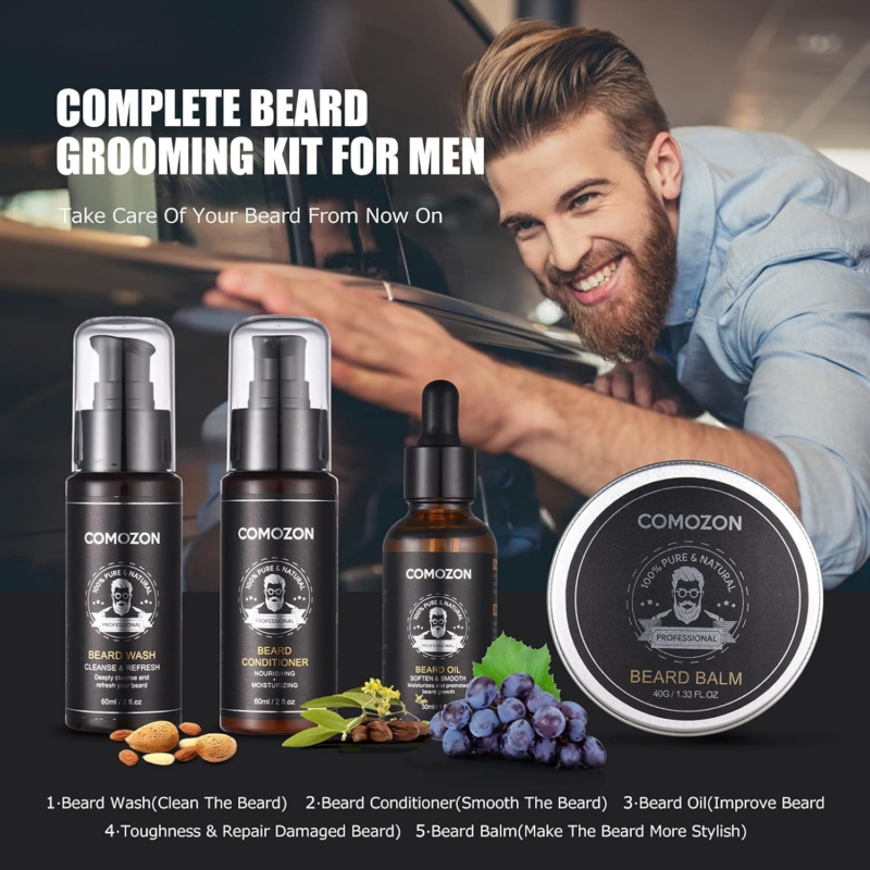 12-in-1 Men's Beard Care Kit with Beard Roller, Oil, Shampoo, Comb, Scissors, Razor & Blades - Image 4