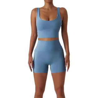 Ensemble d'entraînement 2 pièces sans couture pour femme, soutien-gorge de sport, short de motard avec poches, tenue de gym, yoga, fitness