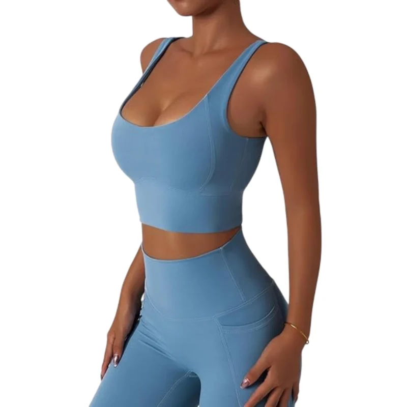 Ensemble d'entraînement 2 pièces sans couture pour femme, soutien-gorge de sport, short de motard avec poches, tenue de gym, yoga, fitness - Image 2