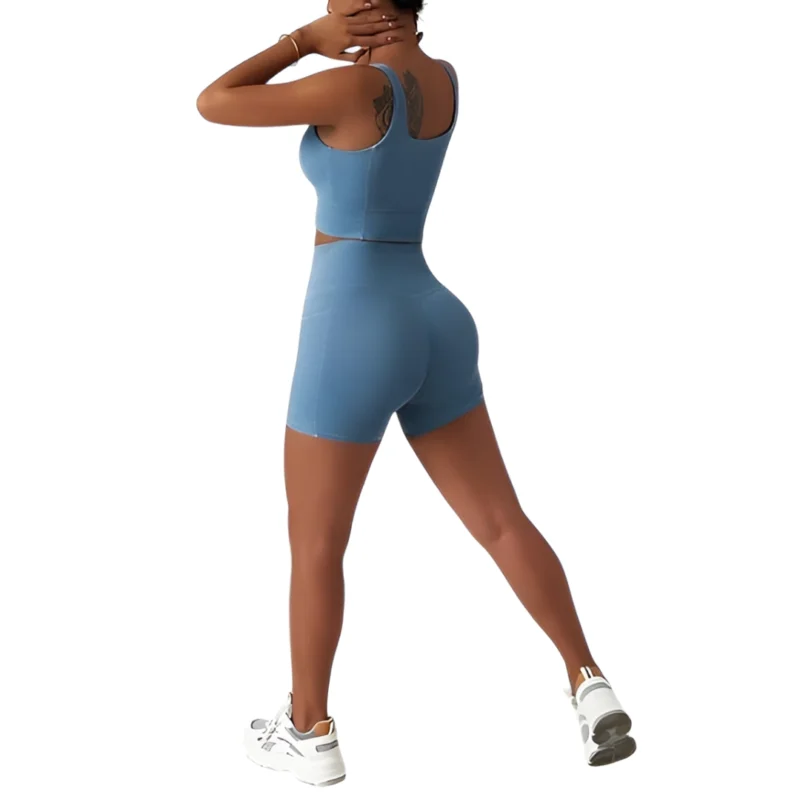 Ensemble d'entraînement 2 pièces sans couture pour femme, soutien-gorge de sport, short de motard avec poches, tenue de gym, yoga, fitness - Image 3