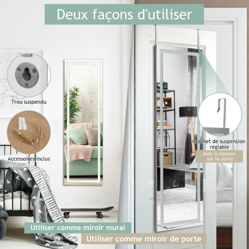 Miroir Mural LED Miroir Pleine Longueur Lumineux À 3 Couleurs Cadre En MDF 120 X 37Cm Blanc - Image 7