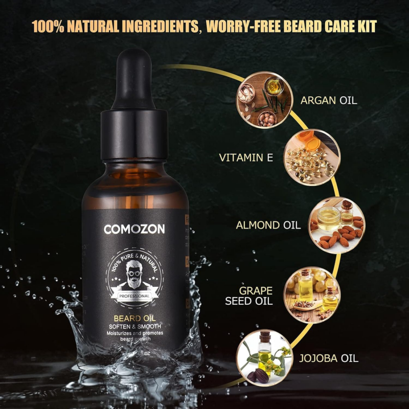 12-in-1 Men's Beard Care Kit with Beard Roller, Oil, Shampoo, Comb, Scissors, Razor & Blades - Image 2