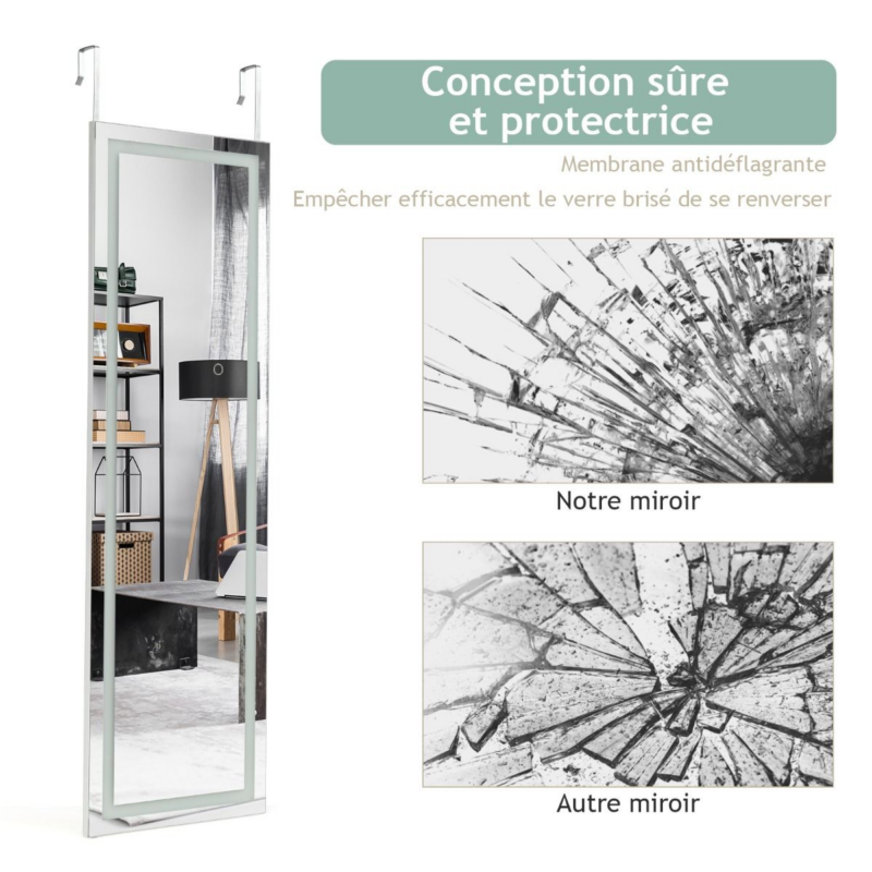 Miroir Mural LED Miroir Pleine Longueur Lumineux À 3 Couleurs Cadre En MDF 120 X 37Cm Blanc - Image 8