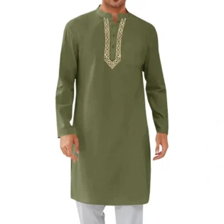 Runcati Men's Cotton Linen Kaftan Thobe – Long Sleeve Henley Robe Shirt