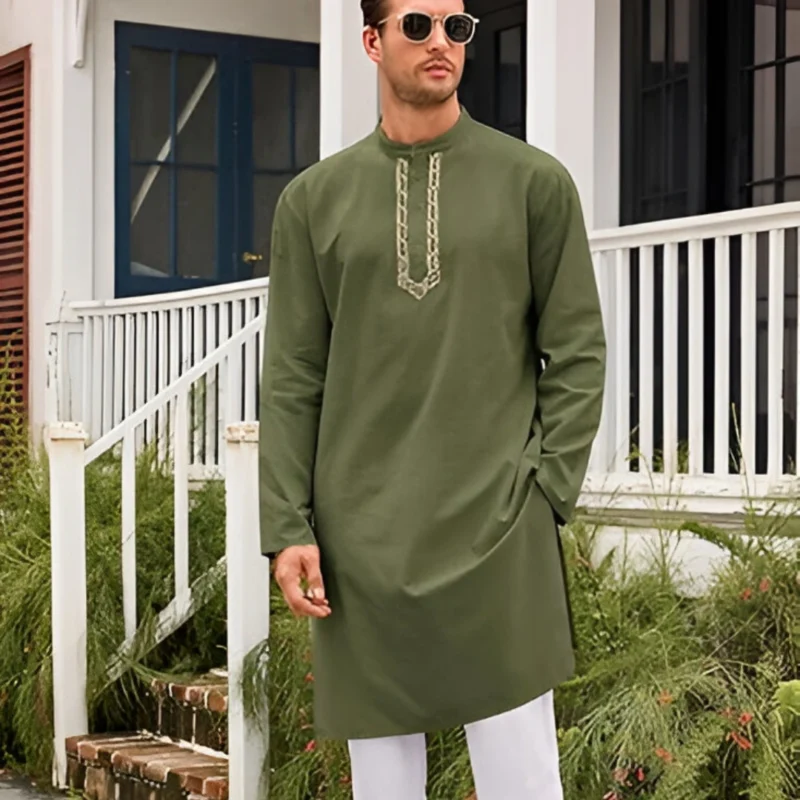 Runcati Men's Cotton Linen Kaftan Thobe – Long Sleeve Henley Robe Shirt - Image 2