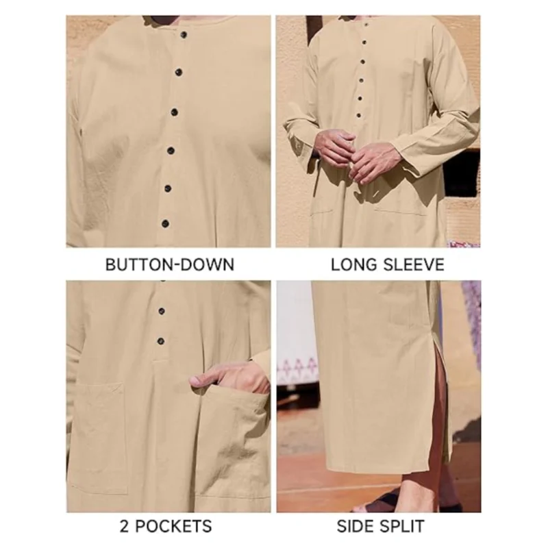 YAOHUOLE Men's Kaftan Thobe with Pockets - Image 4