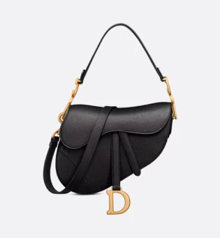 Dior Saddle Bag with Shoulder Strap in Black Grained Calfskin