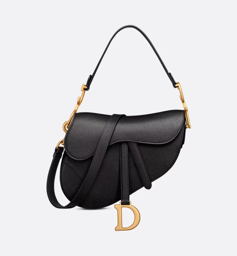 Dior Saddle Bag with Shoulder Strap in Black Grained Calfskin